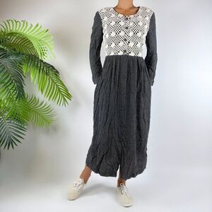 Vintage 90s Cottagecore Black Polka Dot Long Sleeve Prairie Crochet Dress / 10